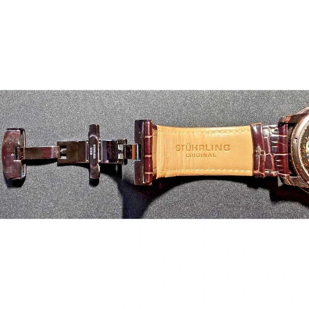 Stührling Original Brumalia Skeleton Watch Brown Leather Strap Exhibition Back